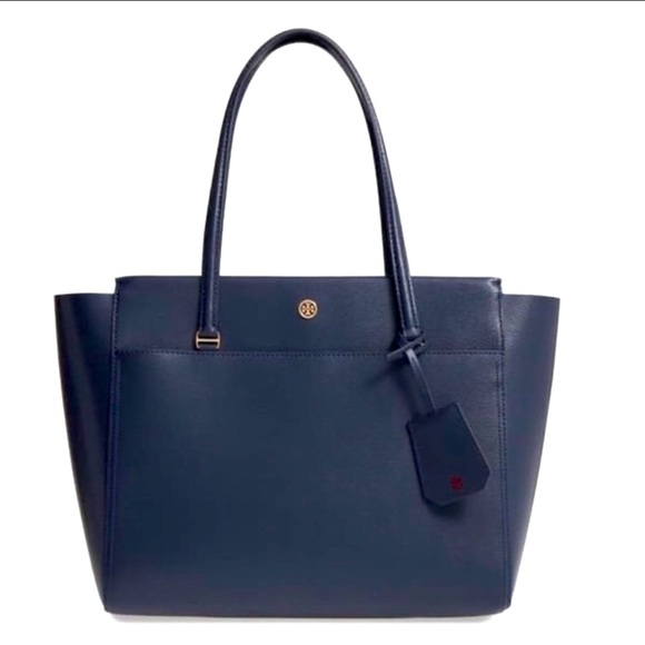 Tory Burch Robinson Large Triple Compartment Navy Blue Saffiano Leather Tote - Picture 13 of 16